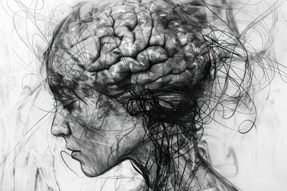 ilustracja twarzy z widocznym mozgiem i chaotycznymi liniami symbolizujacymi nerwice