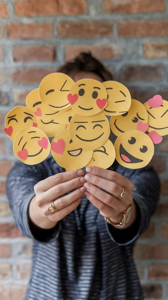osoba trzymająca papierowe emotikony symbolizujące różne emocje jako metafora trudności w mówieniu o emocjach