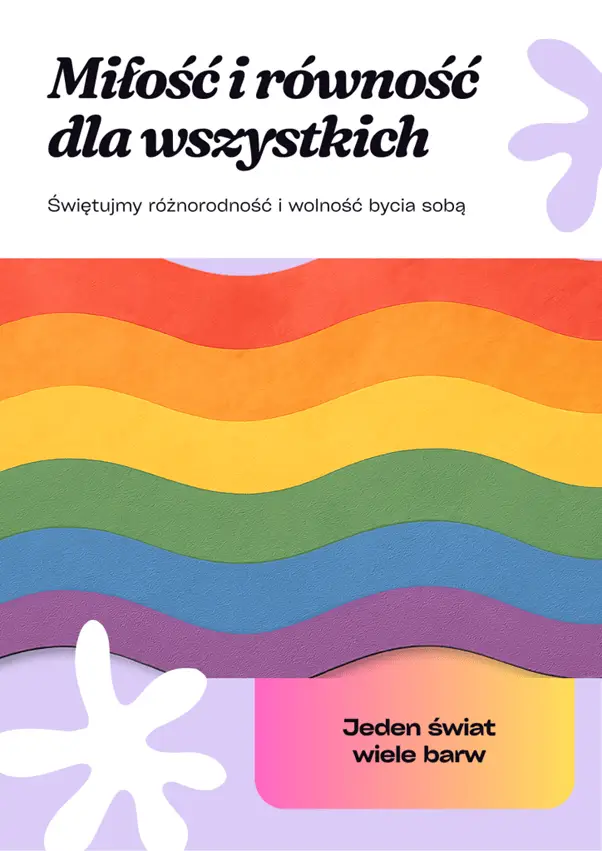 Grafika z tęczowymi falami i napisem „Miłość i równość dla wszystkich”