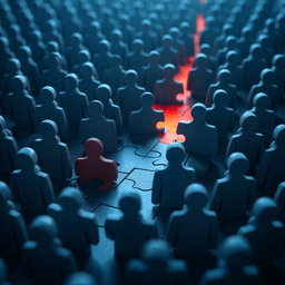 Symboliczna ilustracja osoby w spektrum autyzmu wyróżniającej się w grupie ludzi, motyw puzzli