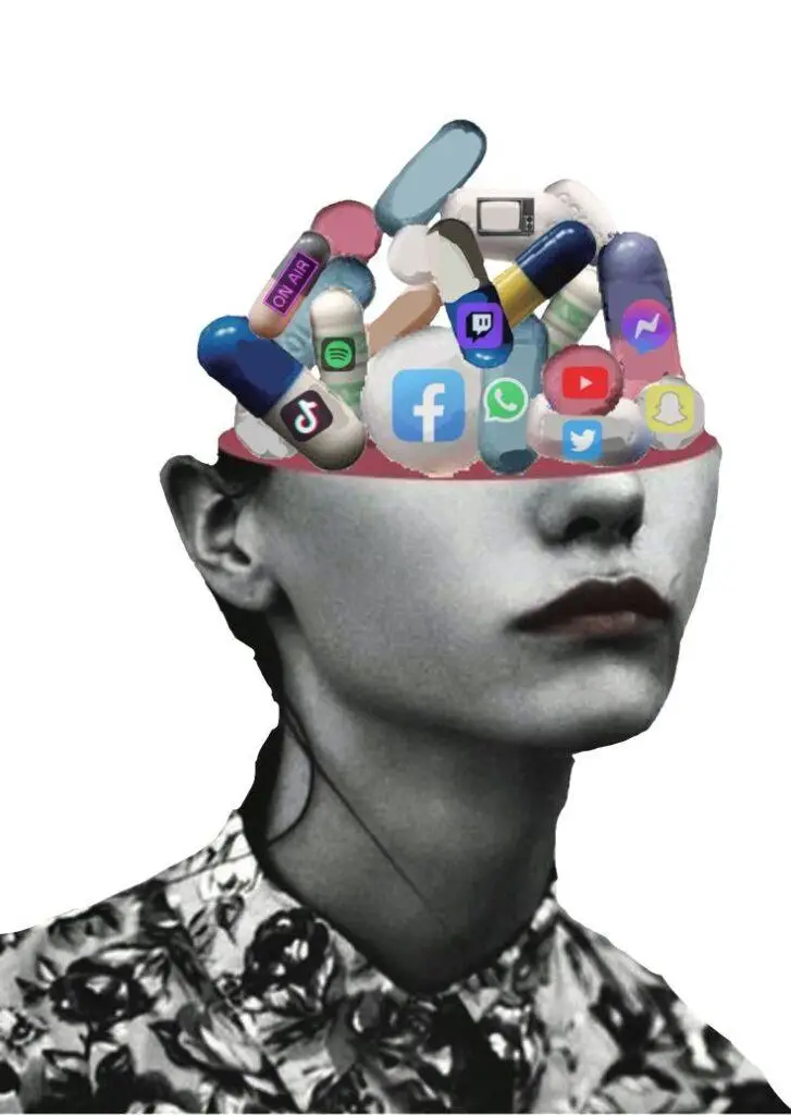 Głowa kobiety z ikonami aplikacji i bodźców, symbol przeciążenia informacyjnego i przebodźcowania