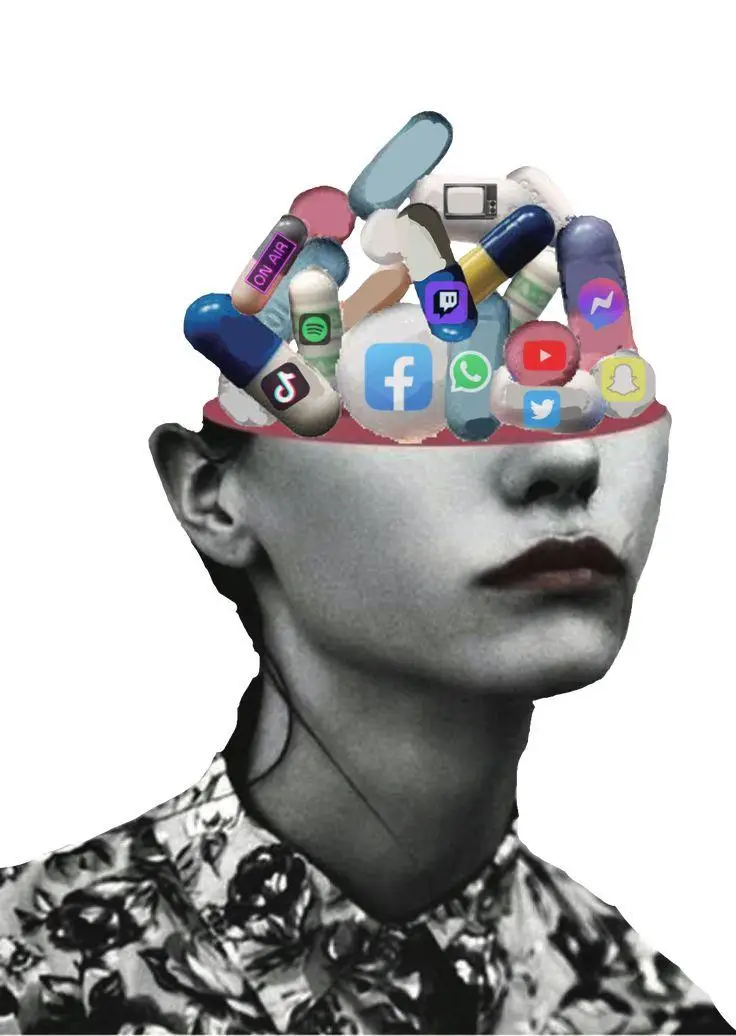 Głowa kobiety z ikonami aplikacji i bodźców, symbol przeciążenia informacyjnego i przebodźcowania