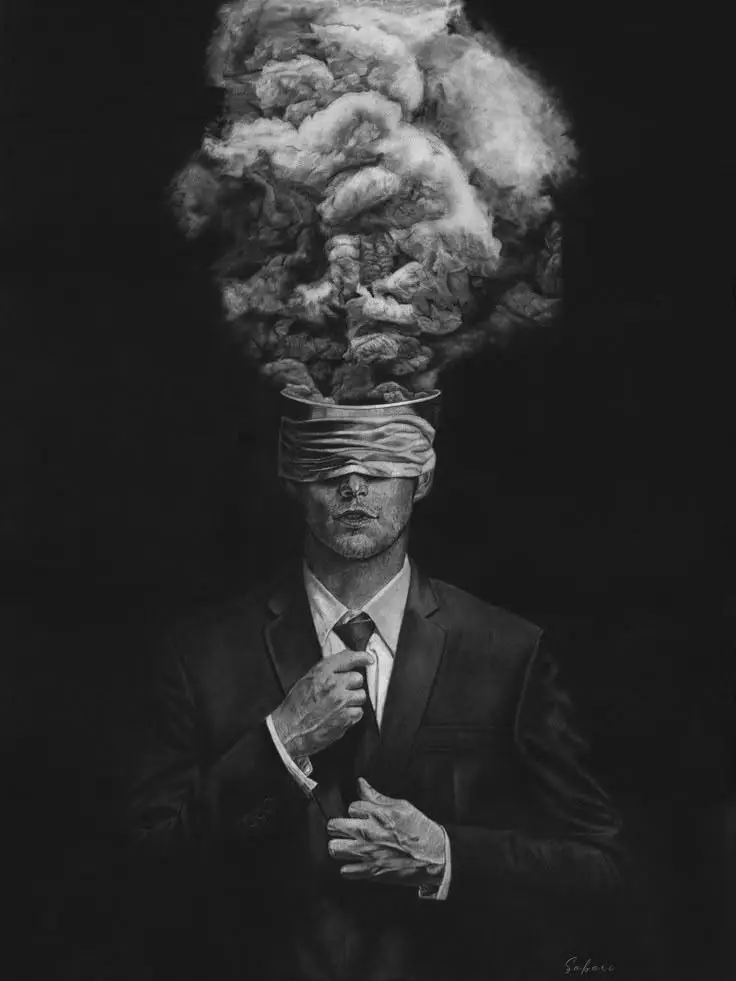 Mężczyzna w garniturze z głową wypełnioną chaotycznymi myślami, symbol przebodźcowania i przeciążenia psychicznego