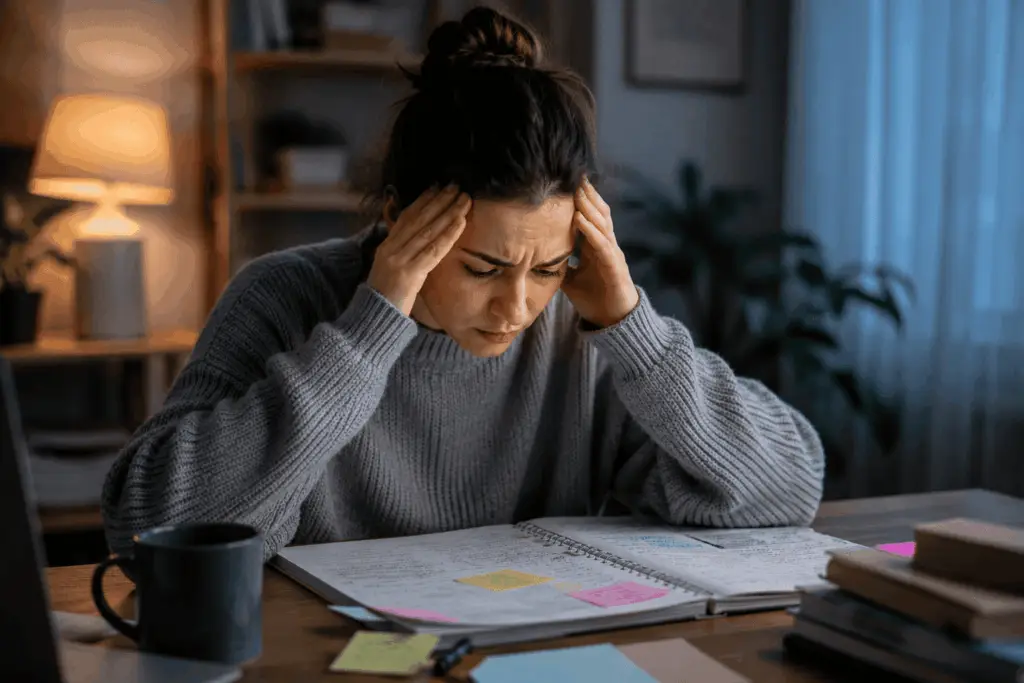 Osoba z natrętnymi myślami przy biurku – pomoc psychologiczna