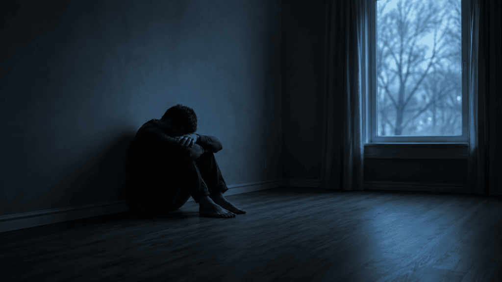 Osoba siedząca samotnie w ciemnym pokoju – pomoc psychologiczna w depresji