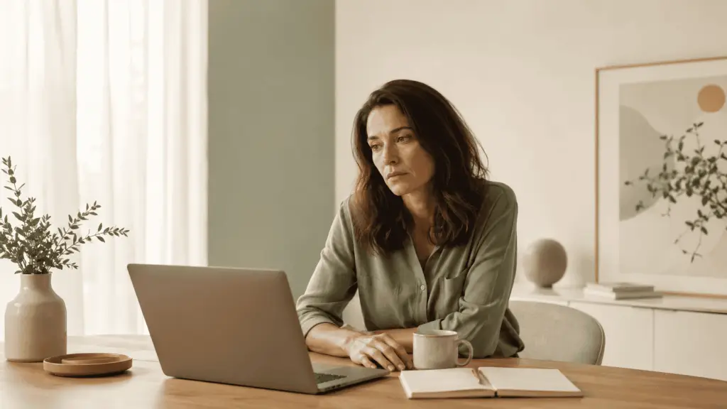 Kobieta pracująca przy laptopie odczuwająca stres – pomoc psychologiczna