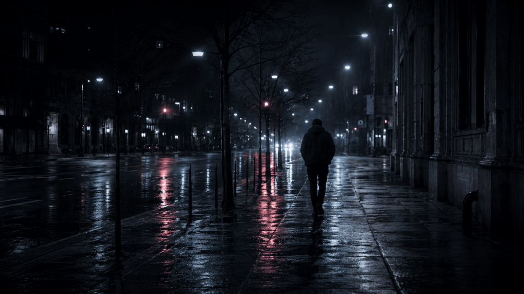 Samotna osoba idąca deszczową ulicą – pomoc psychologiczna w depresji